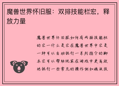 魔兽世界怀旧服：双排技能栏宏，释放力量